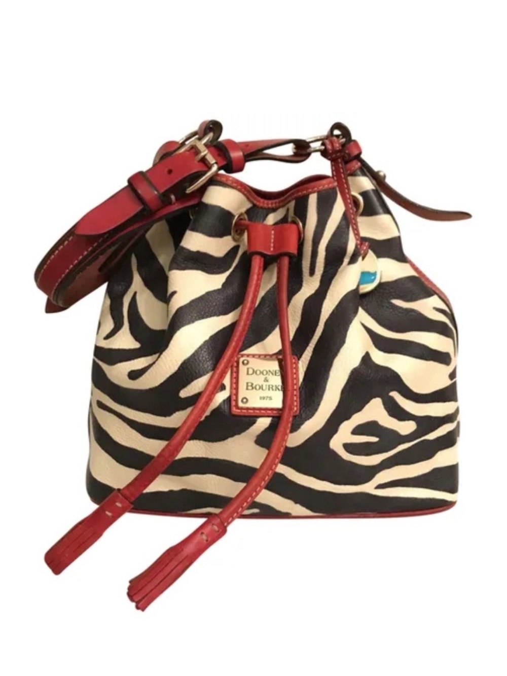 Dooney & Bourke Black and Cream Zebra Drawstring Bucket Bag with Red Trim